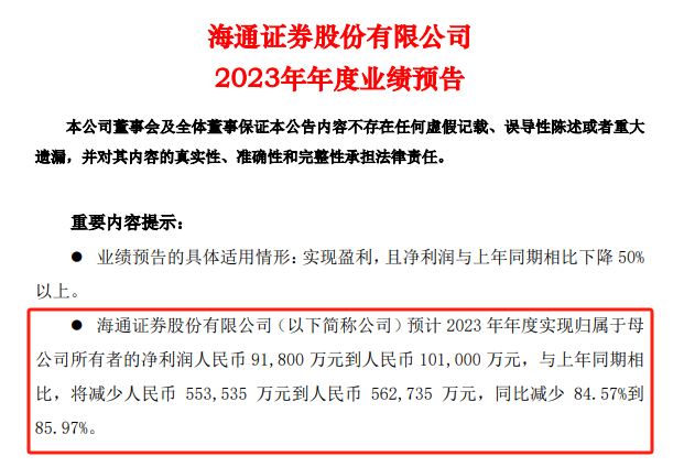 图2：海通证券2023年年度业绩预告截图